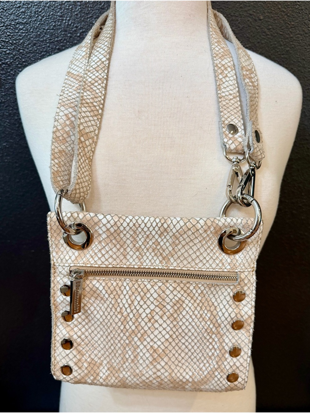 Hammitt Beige Snake-Embossed Crossbody with Silver Hardware